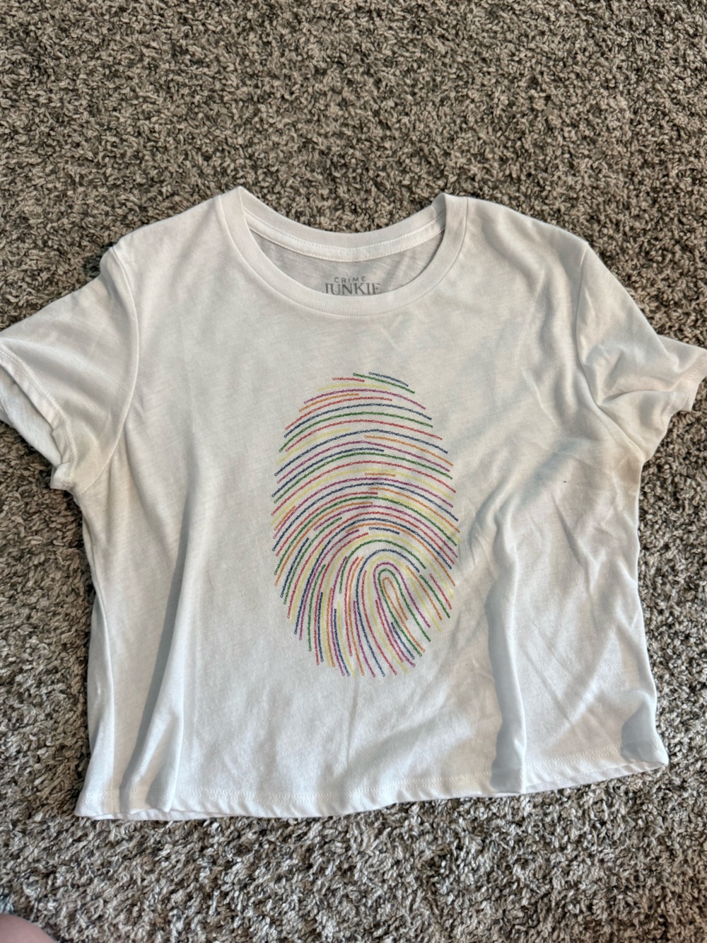 Crime Junkie Merch Limited Edition White Crop Top With Fingerprint Logo